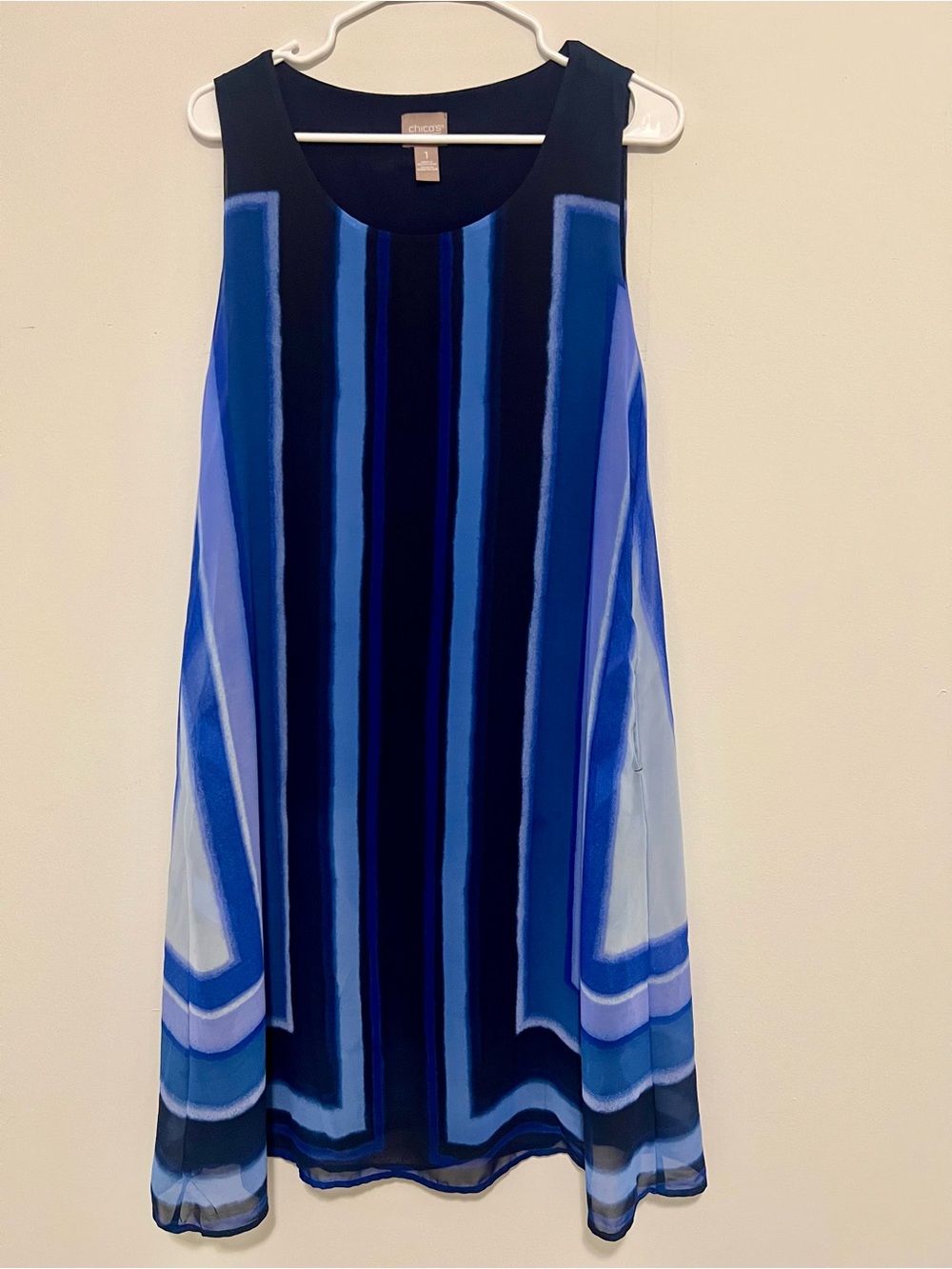 Chico's Women’s Blue Geometric Stripe Sleeveless Shift Dress Size ~ Medium 8/10